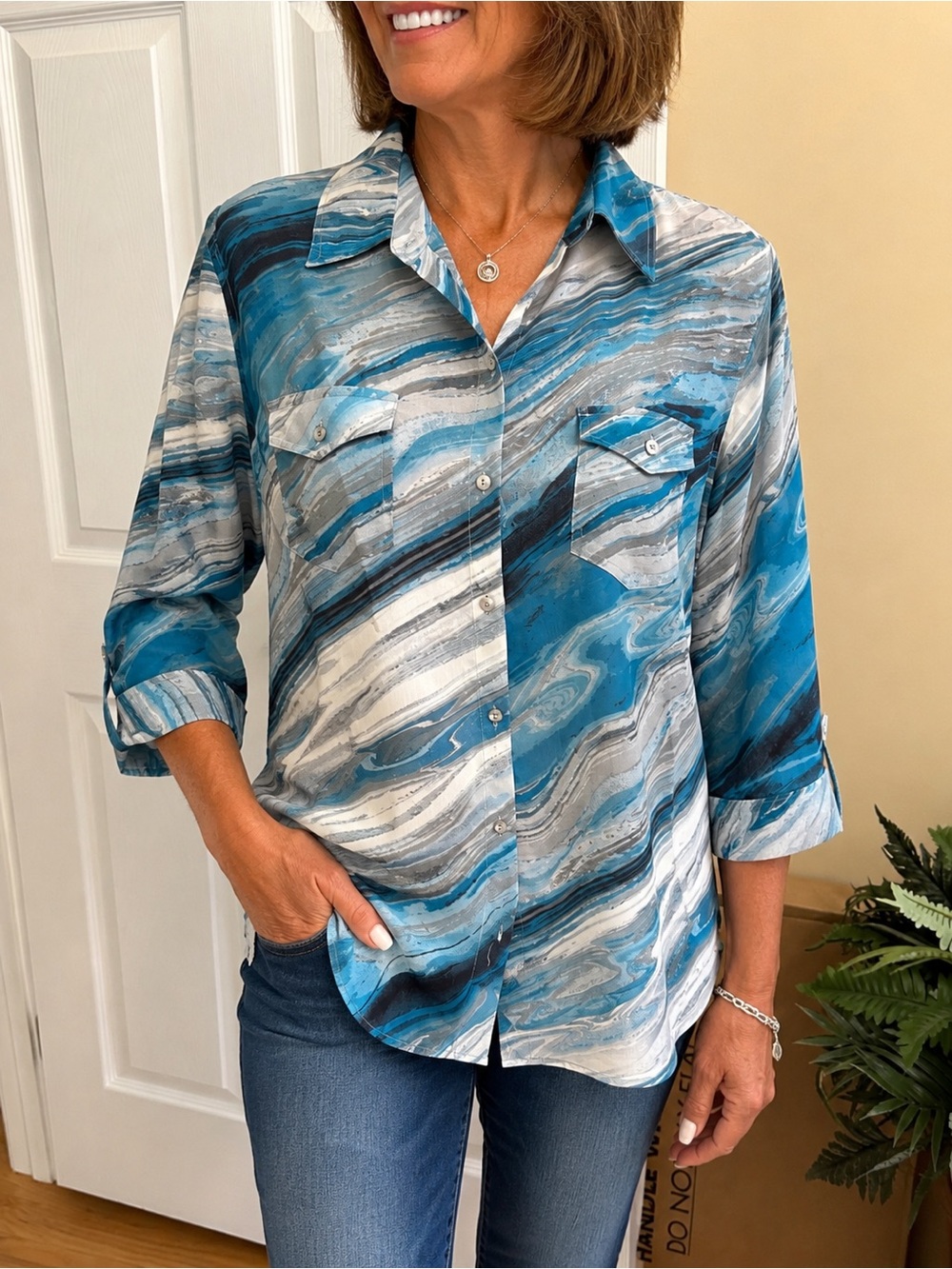 Chico’s Button-Front Blouse – Blue Marble Print